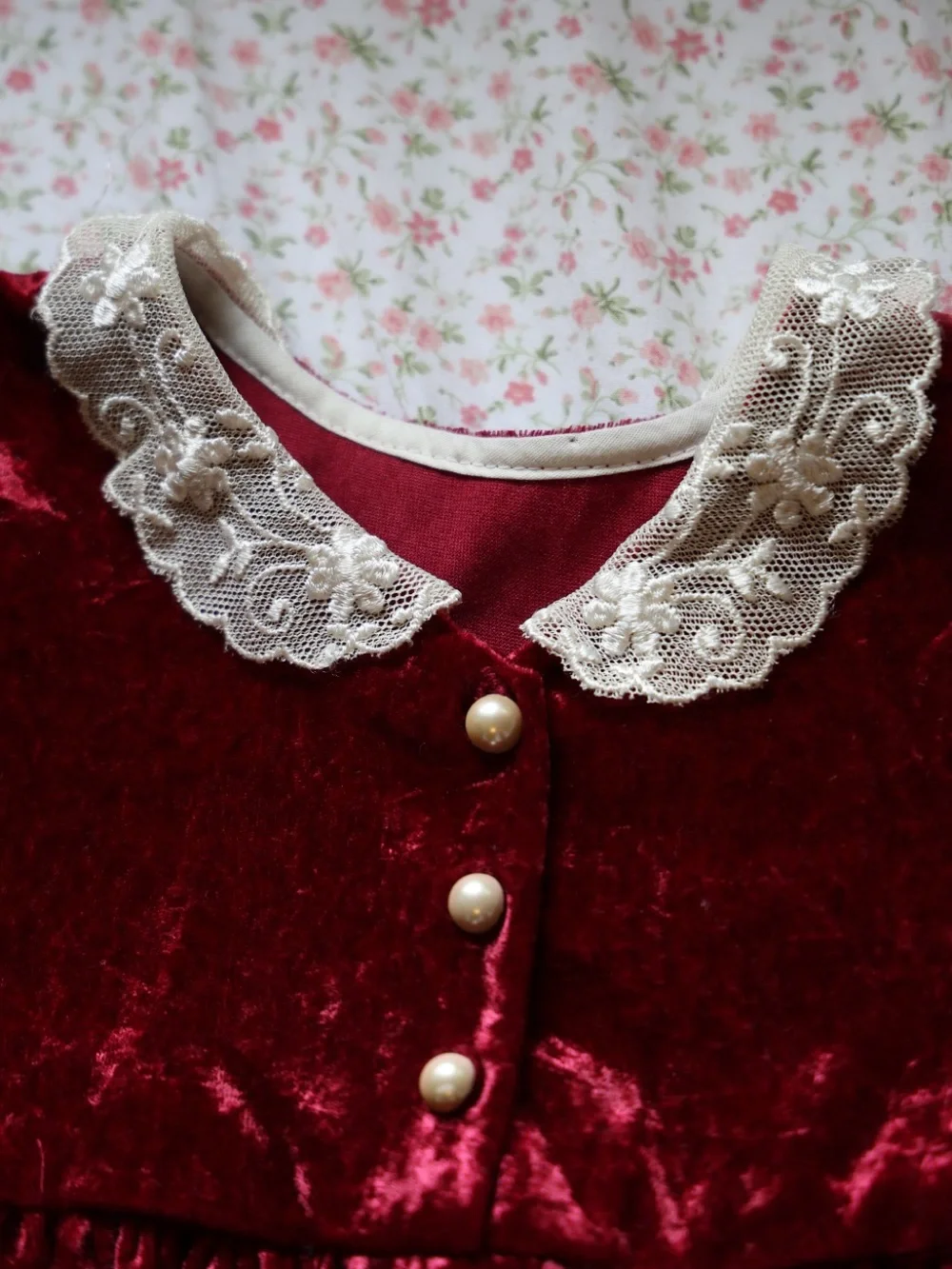 Vintage Emy Burgundy Crushed Velvet 2 Piece Set Lace Collar 24M
